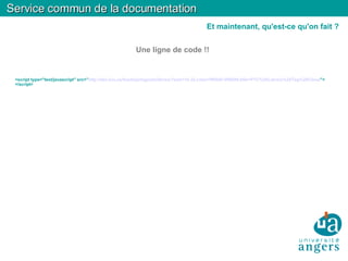 Une ligne de code !! <script type="text/javascript" src=" http://del.icio.us/feeds/js/tags/ptclibrary?size=15-32;color=ff6600-006699;title=PTC%20Library%20Tag%20Cloud "> </script> Service commun de la documentation Et maintenant, qu'est-ce qu'on fait ? 