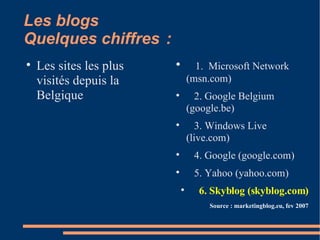 Les blogs Quelques chiffres  :  1.  Microsoft Network (msn.com)‏ 2. Google Belgium (google.be)‏ 3. Windows Live (live.com)‏ 4. Google (google.com)‏ 5. Yahoo (yahoo.com)‏ 6. Skyblog (skyblog.com)‏ Source : marketingblog.eu, fev 2007 Les sites les plus visités depuis la Belgique 