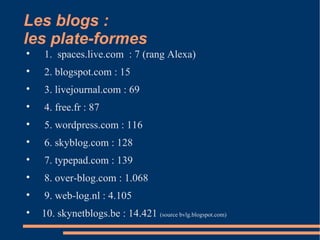 Les blogs :  les plate-formes  1.  spaces.live.com  : 7 (rang Alexa)‏ 2. blogspot.com : 15 3. livejournal.com : 69 4. free.fr : 87 5. wordpress.com : 116 6. skyblog.com : 128 7. typepad.com : 139 8. over-blog.com : 1.068 9. web-log.nl : 4.105 10. skynetblogs.be : 14.421  (source bvlg.blogspot.com)‏ 