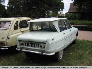 CITROEN 3 CV « Ami 6 » lancée en 1961. Une hérésie de style à laquelle succéda en 1968 l’ « Ami 8 » plus esthétique
 