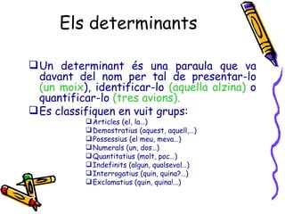Els determinants <ul><li>Un determinant és una paraula que va davant del nom per tal de presentar-lo  (un moix ), identifi...