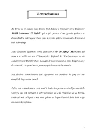 1
Remerciements
Au terme de ce travail, nous tenons tout d’abord à remercier notre Professeur
SAIDI Mohamed El Mehdi qui a fait preuve d’une grande patience et
disponibilité à notre égard et qui nous a permis, grâce à ses conseils, de mener à
bien notre stage.
Nous adressons également notre gratitude à Mr. BABQIQI Abdelaziz qui
nous a accueillis au sein l'Observatoire Régional de l'Environnement et du
Développement Durable et qui a accepté de nous encadrer et nous diriger le long
de ce travail. Un grand merci pour son précieux suivi du mémoire.
Nos sincères remerciements vont également aux membres du jury qui ont
accepté de juger notre travail.
Enfin, nos remerciements vont aussi à toutes les personnes du département de
Géologie qui ont participé à notre formation ou à la réalisation de ce travail,
ainsi qu’à nos collègues et nos amis qui ont eu la gentillesse de faire de ce stage
un moment profitable.
 