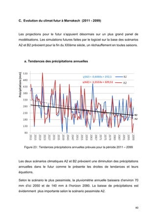 40
C. Evolution du climat futur à Marrakech (2011 - 2099)
Les projections pour le futur s’appuient désormais sur un plus grand panel de
modélisations. Les simulations futures faites par le logiciel sur la base des scénarios
A2 et B2 prévoient pour la fin du XXIème siècle, un réchauffement en toutes saisons.
a. Tendances des précipitations annuelles
Figure 23 : Tendances précipitations annuelles prévues pour la période 2011 – 2099
Les deux scénarios climatiques A2 et B2 prévoient une diminution des précipitations
annuelles dans le futur comme le présente les droites de tendances et leurs
équations.
Selon le scénario le plus pessimiste, la pluviométrie annuelle baissera d’environ 70
mm d’ici 2050 et de 140 mm à l’horizon 2080. La baisse de précipitations est
évidemment plus importante selon le scénario pessimiste A2.
 
