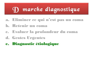 Démarche diagnostique
a. Eliminer ce qui n’est pas un coma
b. Retenir un coma
c. Evaluer la profondeur du coma
d. Gestes Urgentes
e. Diagnostic étiologique
 