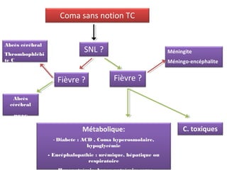Coma sans notion TC
SNL ?
Fièvre ? Fièvre ?
Abcès cérébral
Thrombophlébi
te C
Abcès
cérébral
PEIC
Méningite
Méningo-encéphalite
Métabolique:
- Diabete : ACD , Coma hyperosmolaire,
hypoglycémie
- Encéphalopathie : urémique, hépatique ou
respiratoire
C. toxiques
 