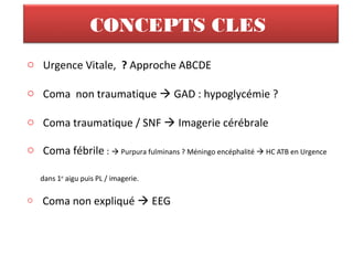CONCEPTS CLES
o Urgence Vitale, ? Approche ABCDE
o Coma non traumatique  GAD : hypoglycémie ?
o Coma traumatique / SNF  Imagerie cérébrale
o Coma fébrile :  Purpura fulminans ? Méningo encéphalité  HC ATB en Urgence
dans 1er
aigu puis PL / imagerie.
o Coma non expliqué  EEG
 