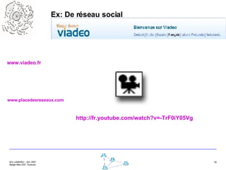 Ex: De réseau social www.viadeo.fr www.placedesreseaux.com http://fr.youtube.com/watch?v=-TrF0iY05Vg 