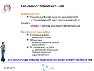 Les comportements évoluent Historiquement :  Profondément ancré dans nos comportements « Face à l’adversité, nous sommes plus forts en  groupe »  Maslow  (Pyramide des besoins fondamentaux) Nos sociétés aujourd’hui Evolutions rapides Mondialisation, ruptures Hédonisme Recherches des plaisirs immédiat Besoin d’identité Nomadisme et mobilité Lié à la recherche de ressources Facilité de déplacement  Capacités techniques Les communautés virtuelles répondent à un besoin social et identitaire fort   
