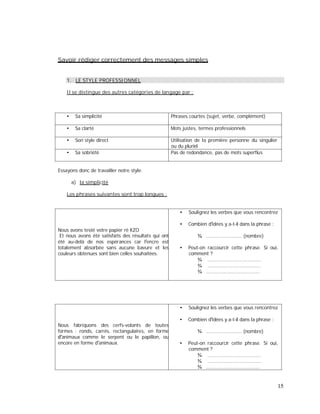 Savoir rédiger correctement des messages simples
1. LE STYLE PROFESSIONNEL
Il se distingue des autres catégories de langage par :
Sa simplicité Phrases courtes (sujet, verbe, complément)
Sa clarté Mots justes, termes professionnels
Son style direct Utilisation de la première personne du singulier
ou du pluriel
Sa sobriété Pas de redondance, pas de mots superflus
Essayons donc de travailler notre style.
a) la simplicité
Les phrases suivantes sont trop longues :
Soulignez les verbes que vous rencontrez
Nous avons testé votre papier ré KZO
Et nous avons été satisfaits des résultats qui ont
été au-delà de nos espérances car l encre est
totalement absorbée sans aucune bavure et les
couleurs obtenues sont bien celles souhaitées.
Combien d idées y a-t-il dans la phrase :
¾ ........................ (nombre)
Peut-on raccourcir cette phrase. Si oui,
comment ?
¾ ....................................
¾ ....................................
¾ ....................................
Soulignez les verbes que vous rencontrez
Nous fabriquons des cerfs-volants de toutes
formes : ronds, carrés, rectangulaires, en forme
animaux comme le serpent ou le papillon, ou
encore en forme d animaux.
Combien d idées y a-t-il dans la phrase :
¾ ........................ (nombre)
Peut-on raccourcir cette phrase. Si oui,
comment ?
¾ ....................................
¾ ....................................
¾ ....................................
15
 