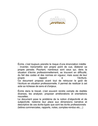 Écrire, c est toujours prendre le risque d une énonciation inédite
: inventer, transmettre son propre point de vue, élaborer sa
propre pensée. Pourtant, nombreux sont ceux qui, dans la
situation d écrire professionnellement, se trouvent en difficulté,
du fait des codes et des normes en vigueur, mais aussi de leur
propre rapport à l écriture.
Ce document propose avant tout de retrouver le goût de
écriture en situation professionnelle. Il permet de restituer à cet
acte sa richesse de sens et d enjeux.
Écrire dans le travail, c est souvent rendre compte de réalités
diverses, les analyser, proposer améliorations et orientations
nouvelles.
Le document pose le problème de la notion d objectivité et de
subjectivité, redonne leur place aux dimensions narrative et
descriptive de ces écrits-types que sont les écrits professionnels
(lettres commerciales, rapports, notes, comptes-rendus etc....)
 
