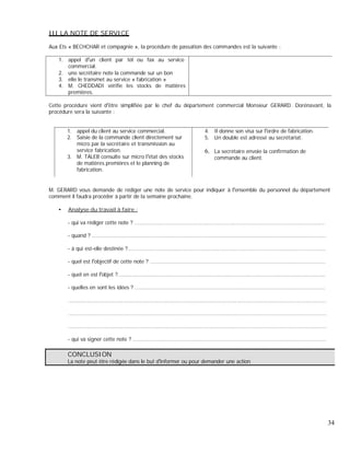 III LA NOTE DE SERVICE
Aux Ets « BECHCHAR et compagnie », la procédure de passation des commandes est la suivante :
1. appel d un client par tél ou fax au service
commercial.
2. une secrétaire note la commande sur un bon
3. elle le transmet au service « fabrication »
4. M. CHEDDADI vérifie les stocks de matières
premières.
Cette procédure vient d être simplifiée par le chef du département commercial Monsieur GERARD. Dorénavant, la
procédure sera la suivante :
1. appel du client au service commercial.
2. Saisie de la commande client directement sur
micro par la secrétaire et transmission au
service fabrication.
3. M. TALEB consulte sur micro l état des stocks
de matières premières et le planning de
fabrication.
4. Il donne son visa sur l ordre de fabrication.
5. Un double est adressé au secrétariat.
6. La secrétaire envoie la confirmation de
commande au client.
M. GERARD vous demande de rédiger une note de service pour indiquer à l ensemble du personnel du département
comment il faudra procéder à partir de la semaine prochaine.
Analyse du travail à faire :
- qui va rédiger cette note ? .....................................................................................................................
- quand ? ................................................................................................................................................
- à qui est-elle destinée ?..........................................................................................................................
- quel est l objectif de cette note ? ............................................................................................................
- quel en est l objet ?................................................................................................................................
- quelles en sont les idées ? .....................................................................................................................
...............................................................................................................................................................
...............................................................................................................................................................
...............................................................................................................................................................
- qui va signer cette note ? .......................................................................................................................
CONCLUSION
La note peut être rédigée dans le but d informer ou pour demander une action
34
 