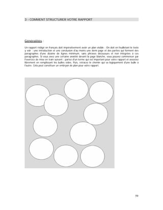 3 - COMMENT STRUCTURER VOTRE RAPPORT
Généralités :
Un rapport rédigé en français doit impérativement avoir un plan visible : On doit en feuilletant le texte
y voir : une introduction et une conclusion d'au moins une demi page et des parties qui forment des
paragraphes d'une dizaine de lignes minimum, sans phrases décousues et non intégrées à ces
paragraphes. Si vous avez une certaine anxiété devant la page blanche, vous pouvez commencer par
l'exercice de mise en train suivant : partez d'un terme qui est important pour votre rapport et associez
librement en remplissant les bulles vides. Puis, retracez le chemin qui va logiquement d'une bulle à
l'autre. Cela peut constituer un embryon de plan pour votre rapport.
59
 