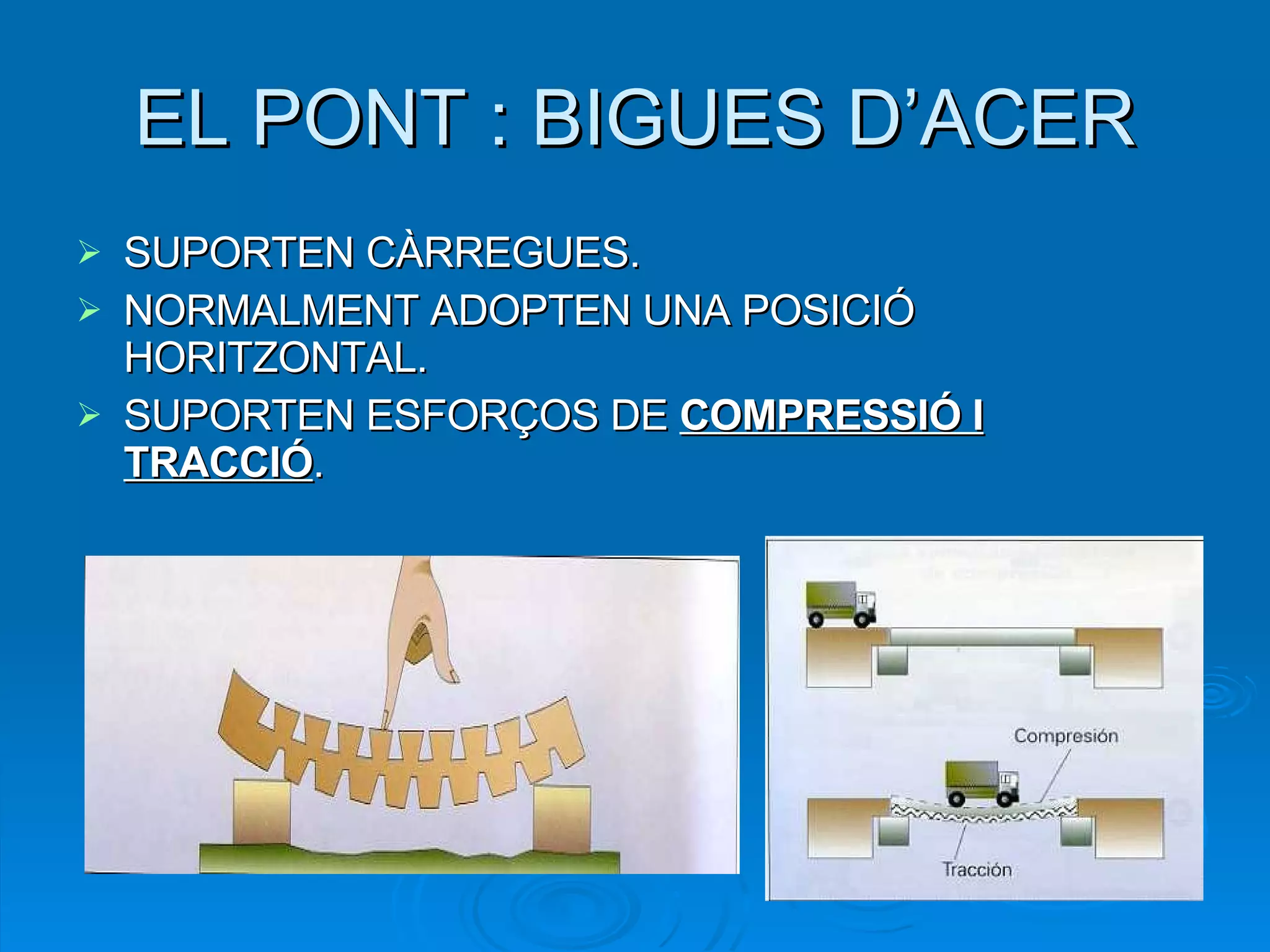 EL PONT : BIGUES D’ACER SUPORTEN CÀRREGUES. NORMALMENT ADOPTEN UNA POSICIÓ HORITZONTAL.  SUPORTEN ESFORÇOS DE  COMPRESSIÓ I TRACCIÓ . 