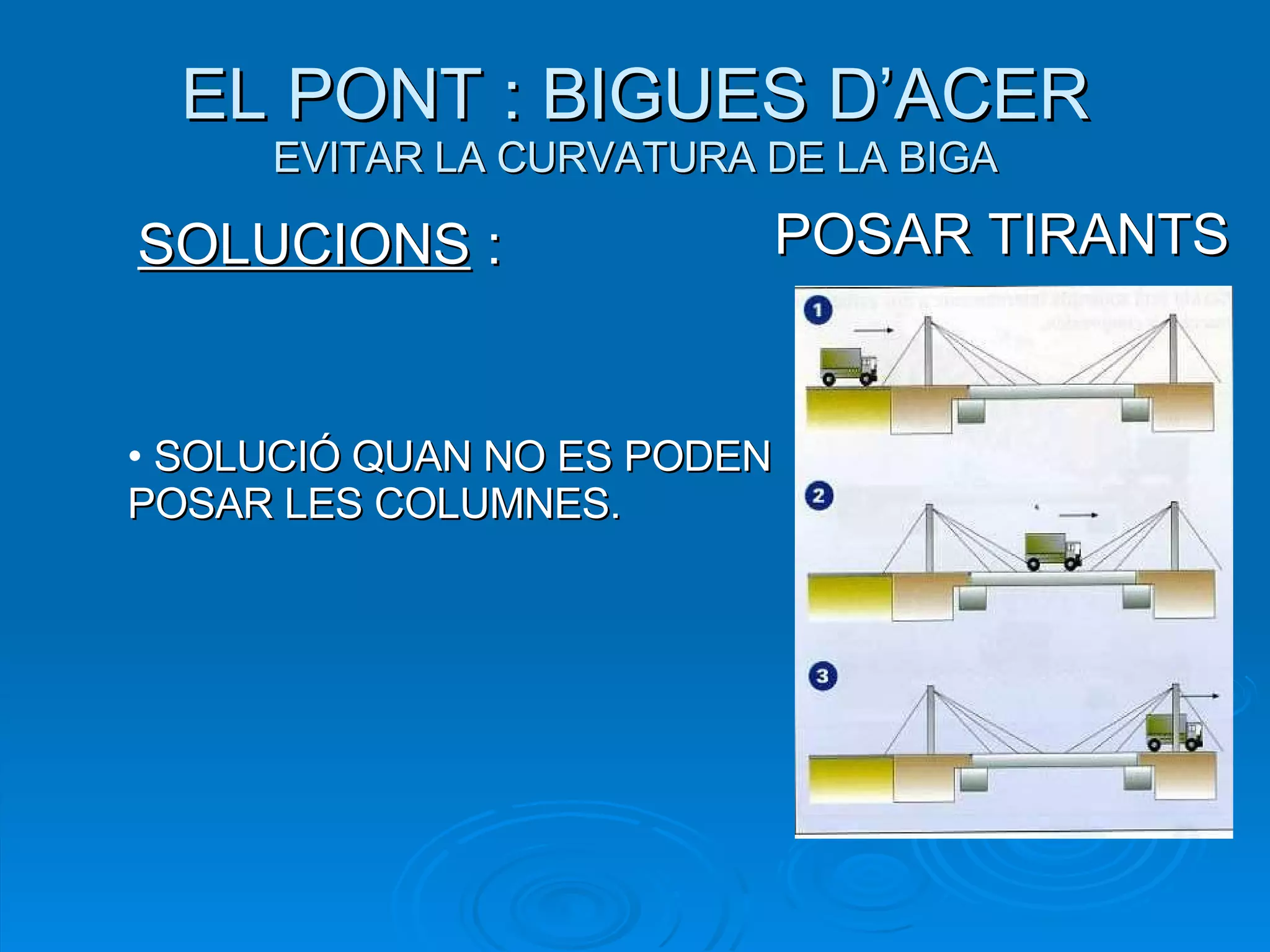 EL PONT : BIGUES D’ACER EVITAR LA CURVATURA DE LA BIGA POSAR TIRANTS SOLUCIONS  : SOLUCIÓ QUAN NO ES PODEN POSAR LES COLUMNES. 
