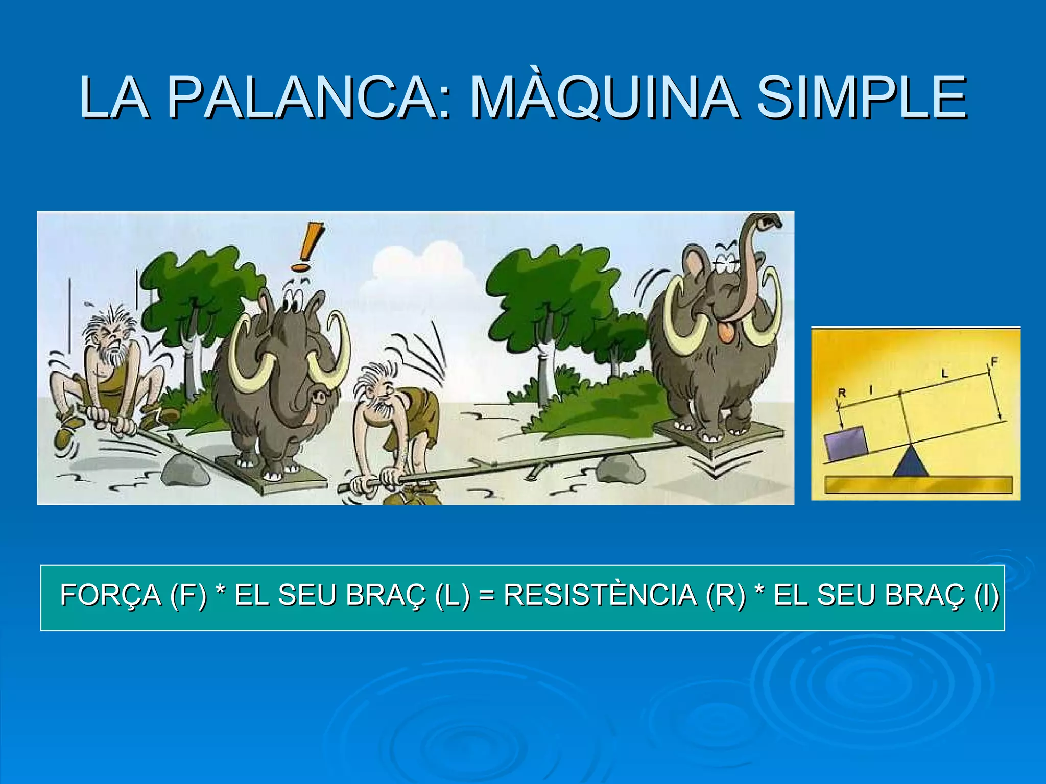 LA PALANCA: MÀQUINA SIMPLE FORÇA (F) * EL SEU BRAÇ (L) = RESISTÈNCIA (R) * EL SEU BRAÇ (l) 