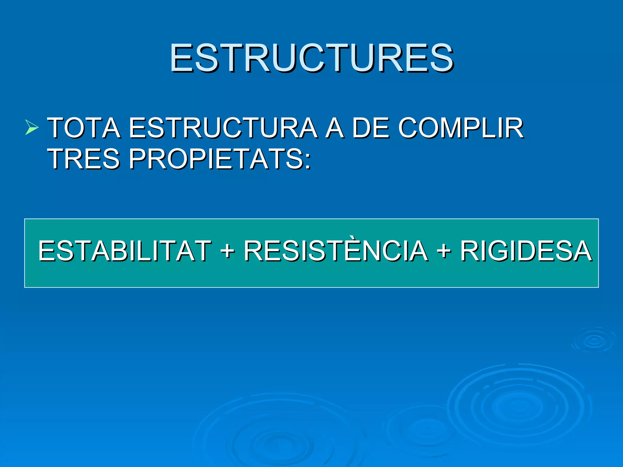 ESTRUCTURES TOTA ESTRUCTURA A DE COMPLIR  TRES PROPIETATS: ESTABILITAT + RESISTÈNCIA + RIGIDESA 