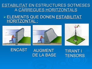 ELEMENTS QUE DONEN  ESTABILITAT HORITZONTAL : ESTABILITAT  EN ESTRUCTURES SOTMESES A  CÀRREGUES HORITZONTALS ENCAST AUGMENT  DE LA BASE TIRANT I  TENSORS 