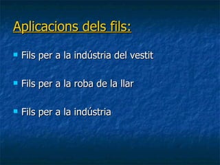 Aplicacions dels fils: Fils per a la indústria del vestit Fils per a la roba de la llar Fils per a la indústria 