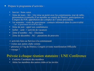 Prépare le programme d’activités : Janvier : bons vœux 2ème de mars : AG : 1ère mise au point avec les commissions, tour de table, présentation éventuelle d’un membre au comité du District, participation au Congres du FOI, approbation des comptes de l’année précédente. 1er semestre : visite du gouverneur : contacts informels dans la convivialité  ( ps : le gouverneur est invité du club ) 2ème de juin : appel aux candidatures Juillet – août : 1 activité de vacances 2ème d’octobre : AG – Elections 2ème de décembre : AG – passations de pouvoirs +  activités liées au Service à la communauté  + visites aux autres clubs voisins + présence à l’Ag de District, Congrès et toute manifestation Officielle + voyage ? Prévoie à chaque réunion statutaire : UNE Conférence   Conforte l’assiduité des membres  Attire les membres des autres clubs et les invités 