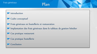 Frais généraux
introduction
Cadre conceptuel
Frais généraux en hostellerie et restauration
Implantation des frais généraux dans le tableau de gestion hôtelier
Cas pratique restaurant
Cas pratique hostellerie
Conclusion
 