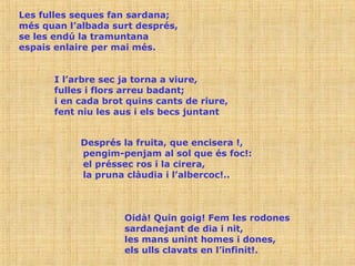 Les fulles seques fan sardana; més quan l’albada surt després, se les endú la tramuntana espais enlaire per mai més. I l’arbre sec ja torna a viure, fulles i flors arreu badant; i en cada brot quins cants de riure, fent niu les aus i els becs juntant   Després la fruita, que encisera !,   pengim-penjam al sol que és foc!:    el préssec ros i la cirera,   la pruna clàudia i l’albercoc!..   Oidà! Quin goig! Fem les rodones   sardanejant de dia i nit,   les mans unint homes i dones,   els ulls clavats en l’infinit!. 