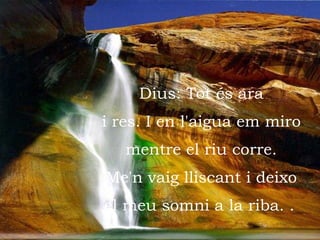 Dius: Tot és ara i res. I en l'aigua em miro mentre el riu corre. Me'n vaig lliscant i deixo el meu somni a la riba.   .   