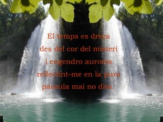 El temps es dreça des del cor del misteri i engendro aurores reflectint-me en la pura paraula mai no dita .   