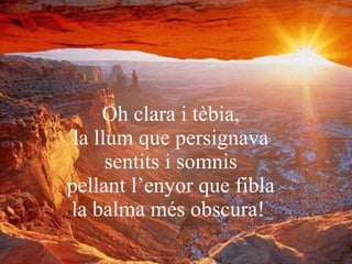 Oh clara i tèbia, la llum que persignava sentits i somnis pellant l’enyor que fibla la balma més obscura!   