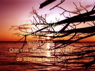 Salpa el nou dia sense timó ni vela, ignota ruta. Que ens afrenelli un somni de llibertat la passa!   