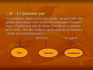 b – Le joncteur (ou) :  Le morphème  ou  est un joncteur simple  qui peut relier des termes équivalents .Avec le joncteur simple  ou  le locuteur laisse à l'auditeur le soin de choisir le terme de la jonction qu'il voudra. Nos décrivons la signification de ce joncteur à l'aide du trait sémantique ( sélection ) . En or  ou  en argent  Base  Sélection   complément 