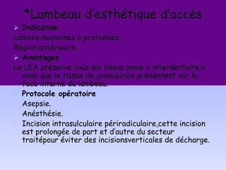*Lambeau d’esthétique d’accès
 Indication
Lésions moyennes à profondes.
Région antérieure.
 Avantages
Le LEA préserve tous les tissus mous « interdentaire »
ainsi que le tissus de granulation présentent sur la
face interne du lambeau.
 Protocole opératoire
• Asepsie.
• Anésthésie.
• Incision intrasulculaire périradiculaire,cette incision
est prolongée de part et d’autre du secteur
traitépour éviter des incisionsverticales de décharge.
 