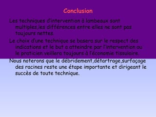 Conclusion
Les techniques d’intervention à lambeaux sont
multiples,les différences entre elles ne sont pas
toujours nettes.
Le choix d’une technique se basera sur le respect des
indications et le but a atteindre par l’intervention ou
le praticien veillera toujours à l’économie tissulaire.
Nous noterons que le débridement,détartrage,surfaçage
des racines reste une étape importante et dirigeant le
succès de toute technique.
 