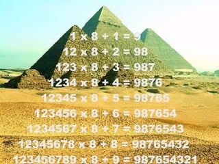 1 x 8 + 1 = 9 12 x 8 + 2 = 98 123 x 8 + 3 = 987 1234 x 8 + 4 = 9876 12345 x 8 + 5 = 98765 123456 x 8 + 6 = 987654 1234567 x 8 + 7 = 9876543 12345678 x 8 + 8 = 98765432  123456789 x 8 + 9 = 987654321 