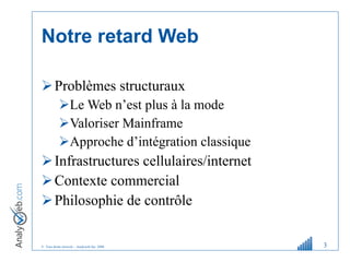 Notre retard Web Problèmes structuraux Le Web n ’ est plus à la mode Valoriser Mainframe Approche d ’ intégration classique Infrastructures cellulaires/internet Contexte commercial Philosophie de contrôle 