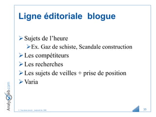 Ligne éditoriale  blogue Sujets de l ’ heure Ex. Gaz de schiste, Scandale construction Les compétiteurs Les recherches Les sujets de veilles + prise de position Varia 