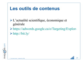 Les outils de contenus L ’ actualité scientifique, économique et générale https://adwords.google.ca/o/Targeting/Explorer?__u=1000000000&__c=1000000000&ideaRequestType=KEYWORD_IDEAS#search.none http://bit.ly/ 