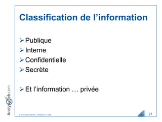 Classification de l’information

 Publique
 Interne
 Confidentielle
 Secrète

 Et l’information … privée


© Tous droits réservés – Analyweb Inc. 2008   21
 
