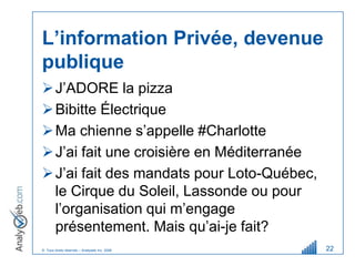 L’information Privée, devenue
publique
 J’ADORE la pizza
 Bibitte Électrique
 Ma chienne s’appelle #Charlotte
 J’ai fait une croisière en Méditerranée
 J’ai fait des mandats pour Loto-Québec,
  le Cirque du Soleil, Lassonde ou pour
  l’organisation qui m’engage
  présentement. Mais qu’ai-je fait?
© Tous droits réservés – Analyweb Inc. 2008   22
 