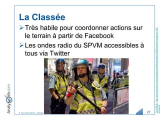La Classée
 Très habile pour coordonner actions sur




                                                   SOURCE: http://journalmetro.com/dossiers/conflit-etudiant/140943/carre-rouge-en-153-
  le terrain à partir de Facebook
 Les ondes radio du SPVM accessibles à
  tous via Twitter




                                                   photos/#
© Tous droits réservés – Analyweb Inc. 2008   27
 