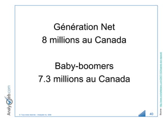 Génération Net
                              8 millions au Canada




                                                          Source : http://www.michelleblanc.com/2007/10/24/genie-don-tapscot/
                             Baby-boomers
                         7.3 millions au Canada


© Tous droits réservés – Analyweb Inc. 2008          40
 