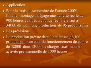  Application
 Pour le mois de septembre de l’année 200N
l’atelier montage a dégagé une activité réelle de
900 heures évalués à cout de réel s’elevant à
34000 dh pour une production de 95 produits fini
 Les prévisions
 La production prévue dans l’atelier est de 100
produits pour un cout de fonctionnement de centre
de 32000 dont 12000 de charges fixes et une
activité prévisionnelle de 1000 heures
 