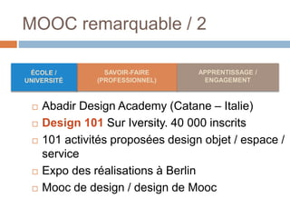 MOOC remarquable / 2
 Abadir Design Academy (Catane – Italie)
 Design 101 Sur Iversity. 40 000 inscrits
 101 activités proposées design objet / espace /
service
 Expo des réalisations à Berlin
 Mooc de design / design de Mooc
SAVOIR-FAIRE
(PROFESSIONNEL)
APPRENTISSAGE /
ENGAGEMENT
ÉCOLE /
UNIVERSITÉ
 