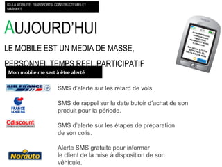 A UJOURD’HUI LE MOBILE EST UN MEDIA DE MASSE, PERSONNEL,TEMPS REEL,PARTICIPATIF #2- LA MOBILITE: TRANSPORTS, CONSTRUCTEURS ET MARQUES SMS d’alerte sur les retard de vols.  SMS de rappel sur la date butoir d’achat de son produit pour la période.  SMS d’alerte sur les étapes de préparation  de son colis.  Alerte SMS gratuite pour informer le client de la mise à disposition de son véhicule. Mon mobile me sert à être   alerté 