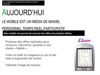 A UJOURD’HUI LE MOBILE EST UN MEDIA DE MASSE, PERSONNEL,TEMPS REEL,PARTICIPATIF #2- LA MOBILITE: TRANSPORTS, CONSTRUCTEURS ET MARQUES Mon mobile me permet de recevoir des offres de produits ciblées . Proposer des offres spéciales (jeux concours, réductions, goodies) à ses clients « fidélité ». Créer du trafic en magasins ou sur le site web et augmenter les ventes. Valoriser l’image de marque. 