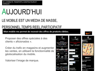 A UJOURD’HUI LE MOBILE EST UN MEDIA DE MASSE, PERSONNEL,TEMPS REEL,PARTICIPATIF #2- LA MOBILITE: TRANSPORTS, CONSTRUCTEURS ET MARQUES Mon mobile me permet de recevoir des offres de produits ciblées . Proposer des offres spéciales à des clients « aficionados ». Créer du trafic en magasins et augmenter les ventes, en utilisant la fonctionnalité de géolocalisation du mobile. Valoriser l’image de marque. 