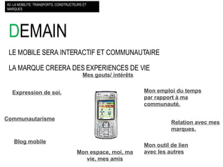 D EMAIN LE MOBILE SERA INTERACTIF ET COMMUNAUTAIRE LA MARQUE CREERA DES EXPERIENCES DE VIE #2- LA MOBILITE: TRANSPORTS, CONSTRUCTEURS ET MARQUES Expression de soi. Communautarisme Blog mobile Mon espace, moi, ma vie, mes amis Mes gouts/ intérêts Mon emploi du temps par rapport à ma communauté. Relation avec mes marques. Mon outil de lien avec les autres 