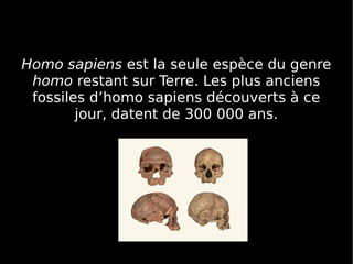 Homo sapiens est la seule espèce du genre
homo restant sur Terre. Les plus anciens
fossiles d’homo sapiens découverts à ce...