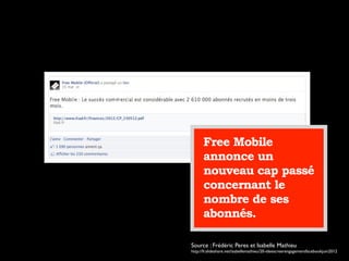 Free Mobile
annonce un
nouveau cap passé
concernant le
nombre de ses
abonnés.
Source : Frédéric Peres et Isabelle Mathieu
http://fr.slideshare.net/isabellemathieu/20-ideescreerengagementfacebookjuin2012
 