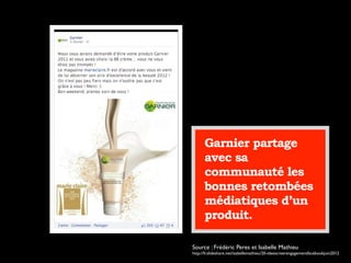 Garnier partage
avec sa
communauté les
bonnes retombées
médiatiques d’un
produit.
Source : Frédéric Peres et Isabelle Mathieu
http://fr.slideshare.net/isabellemathieu/20-ideescreerengagementfacebookjuin2012
 