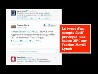 Le tweet d’un
compte fictif
provoque une
baisse 25% sur
l’action Merrill
Lynch
 
